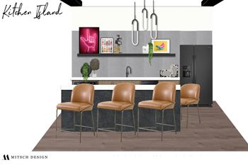 a kitchen with a counter and chairs in it